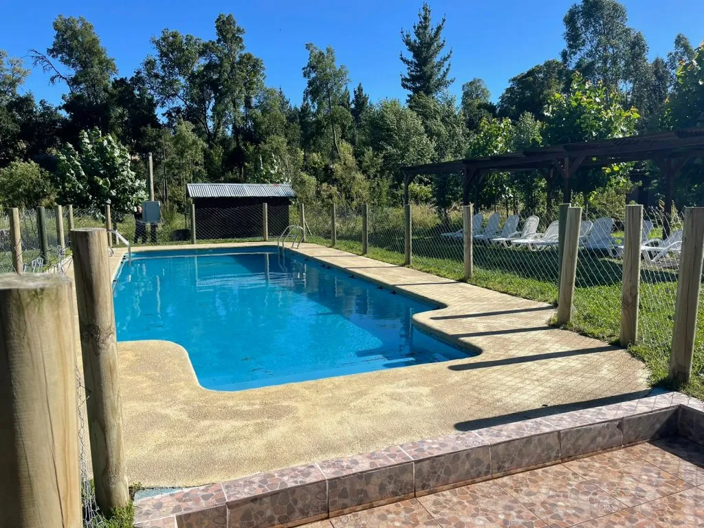 Taca taca amarillo y negro bajo los árboles junto al río, Camping Aguas Verdes